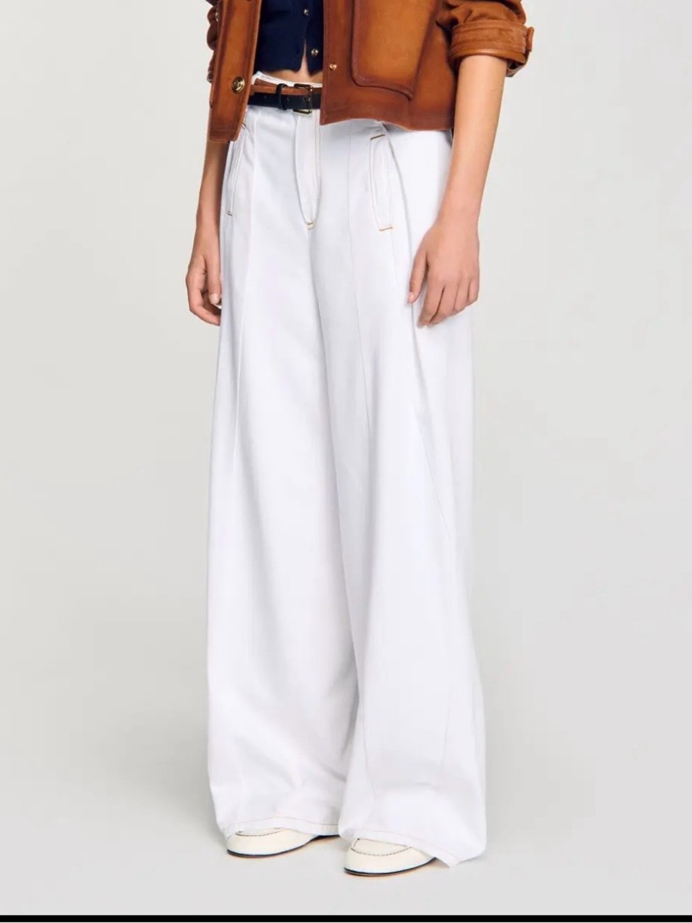 Sandro Topstitched Wide-Leg Jeans - White Size 36/ 4 - Picture 2 of 8